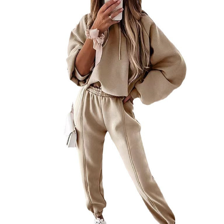 Damen kuscheliges Lounge-Zweiteiler-Set mit oversized Kapuzenpullover, Balloon-Ärmeln und taillierter Jogginghose – Auréline