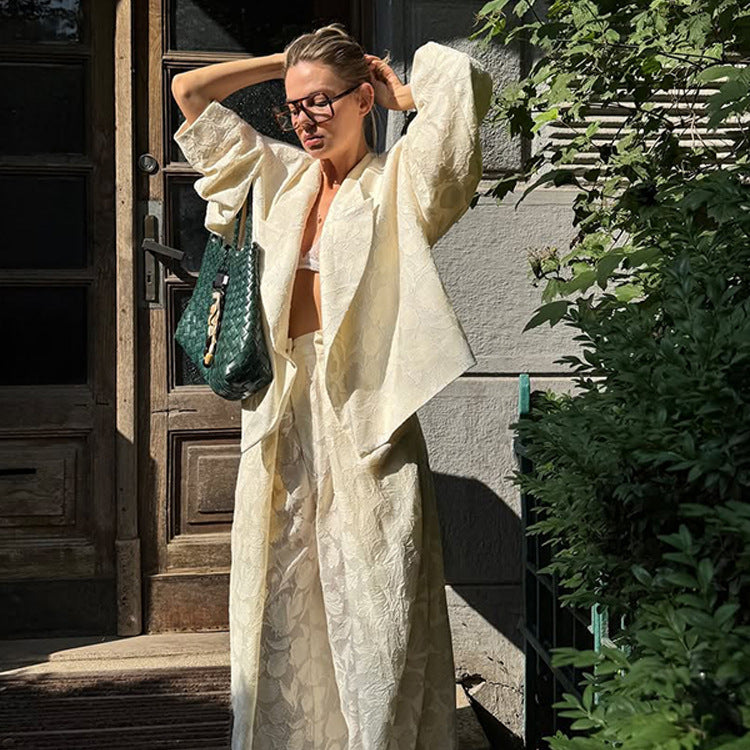 Damen Zweiteiliges Jacquard-Hosen-Set mit Oversize-Boxy-Blazer und hochgeschnittener Palazzo-Hose Echoarchiv