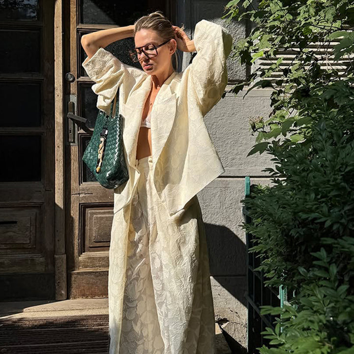 Damen Zweiteiliges Jacquard-Hosen-Set mit Oversize-Boxy-Blazer und hochgeschnittener Palazzo-Hose Echoarchiv