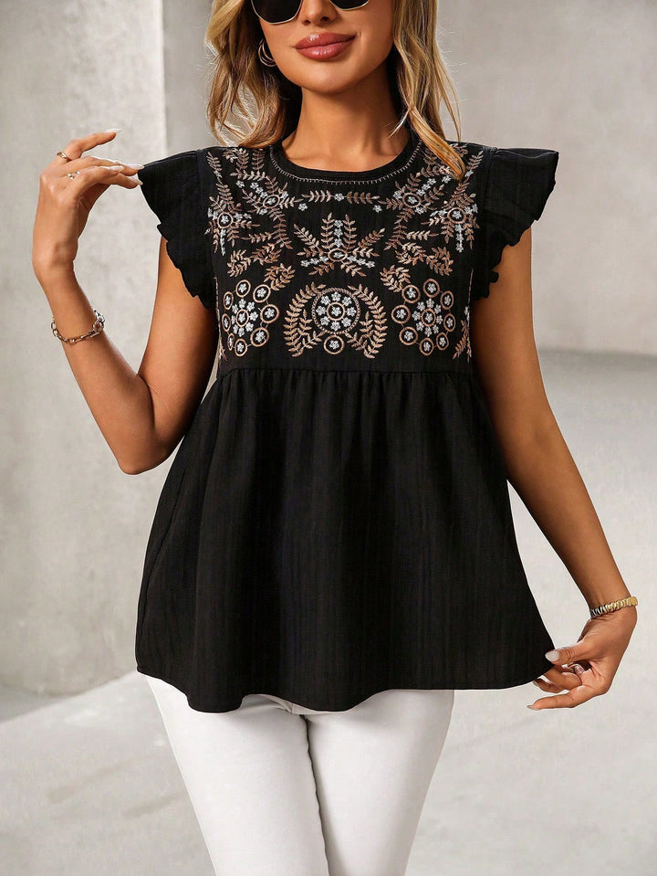 Damen Lockeres besticktes Babydoll-Top mit Rüschenärmeln Echo Archiv