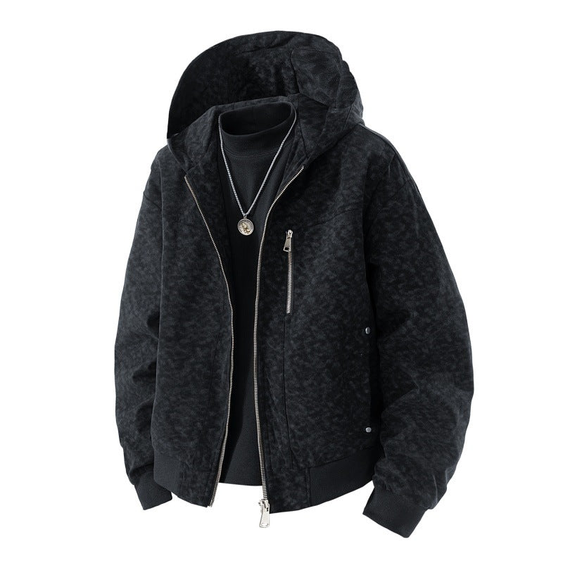 Herren-Hoodie-Blouson im Vintage-Suede-Look mit durchgehendem Reißverschluss und gerippten Bündchen – Cavarno