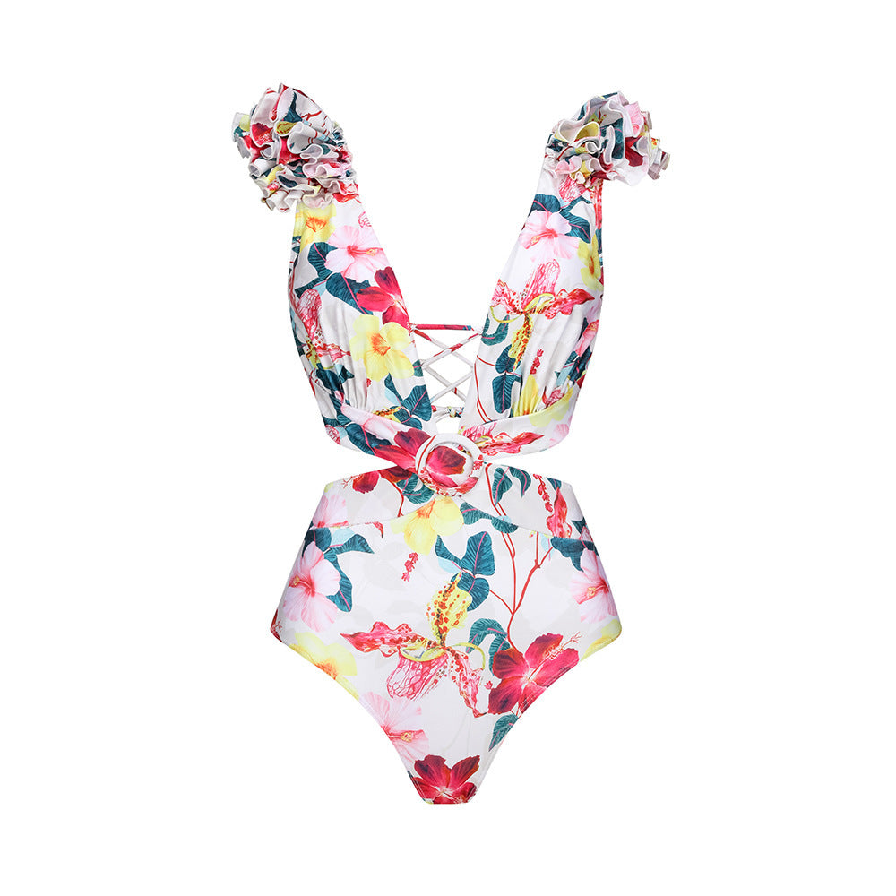 Damen eleganter Floral Badeanzug mit gewelltem Schulterdesign Echo Archiv