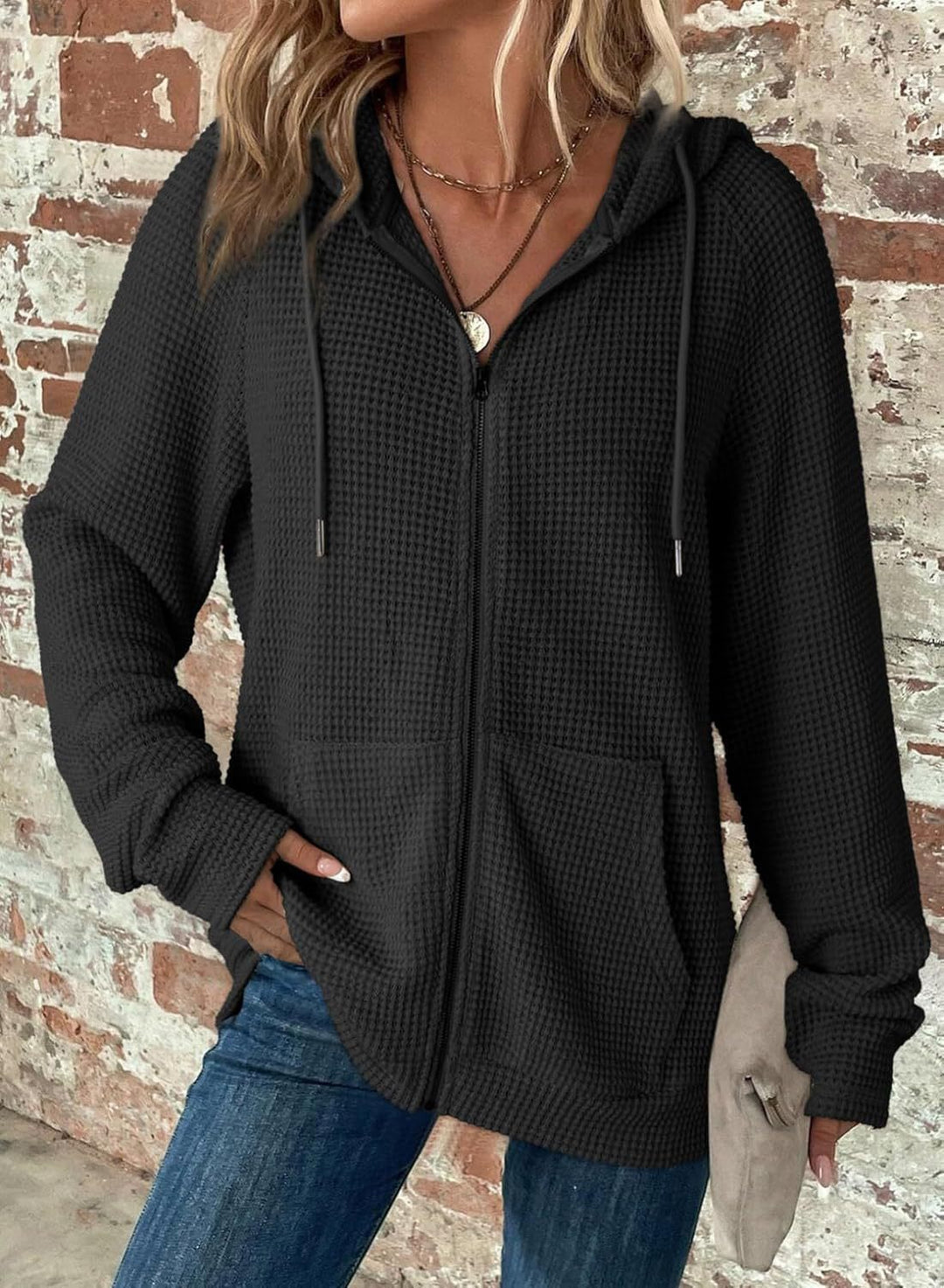 Damen Waffelstrick-Kapuzenjacke mit Reißverschluss, Kängurutaschen und entspannter Silhouette Echoarchiv