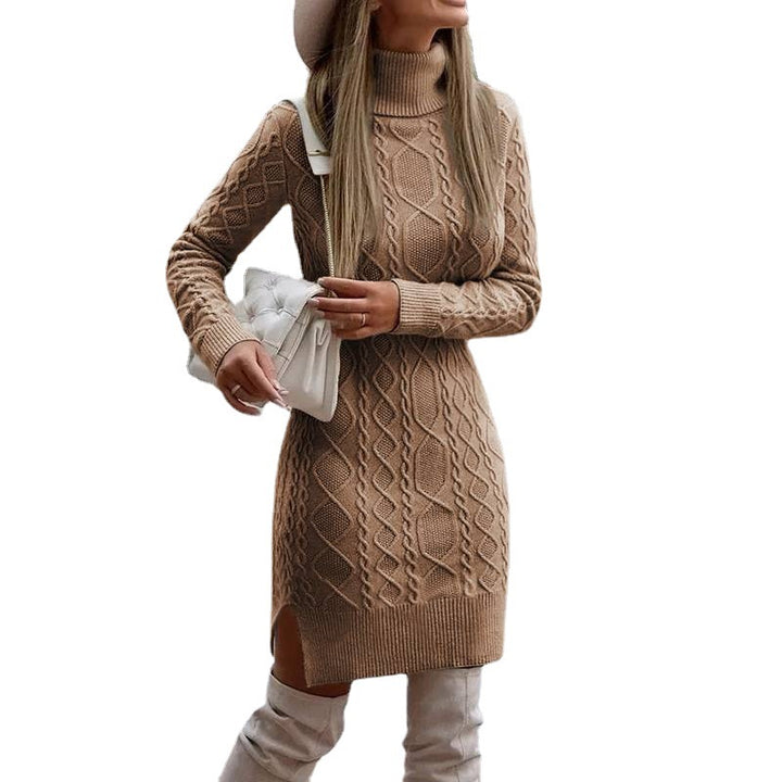 Damen nan figurbetontes Strickkleid mit Rollkragen, Zopfmuster, seitlichem Schlitz und geripptem Saum Echo Archiv