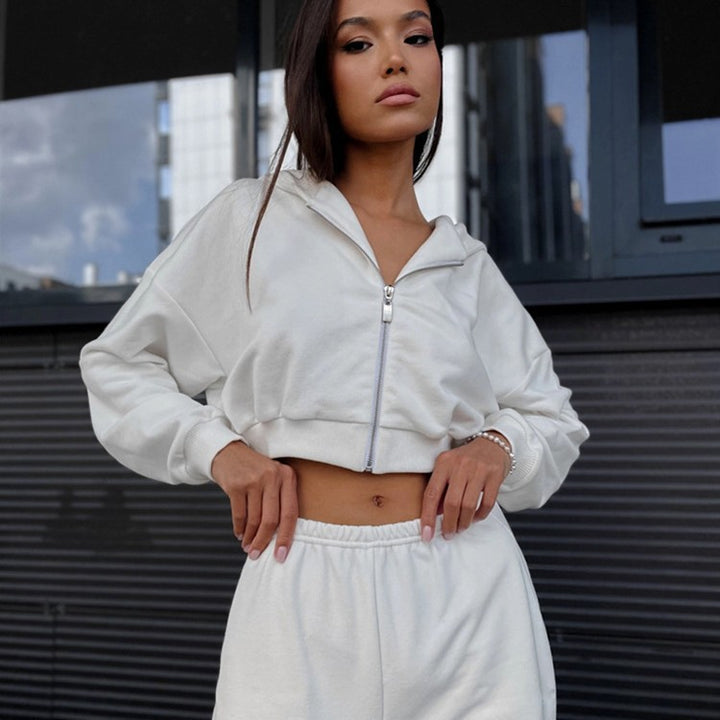 Damen Cropped-Zipper-Kapuzenjacke mit taillenhohen Fransen-Shorts Lounge-Set – Auréline