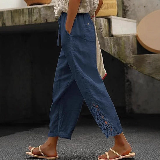 Damen luftige Leinenhose mit dekorativen Stickereien Echoarchiv