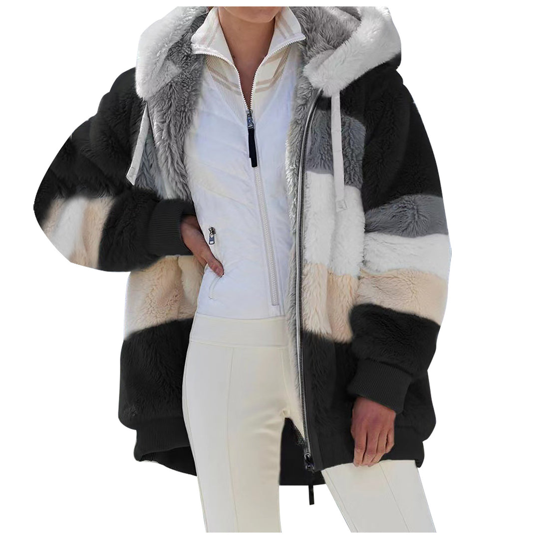 Damen nan oversized gefütterte Kunstfelljacke mit Kapuze, Blockstreifen und gerippten Bündchen Echo Archiv