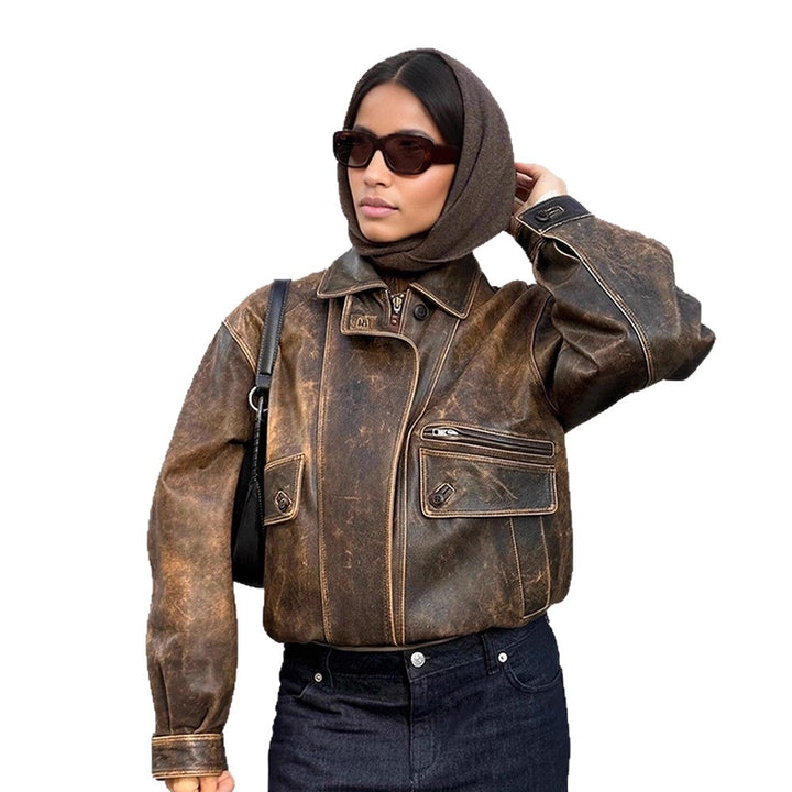 Damen Vintage-inspirierte Oversize Leder-Bomberjacke mit Used-Look Echoarchiv