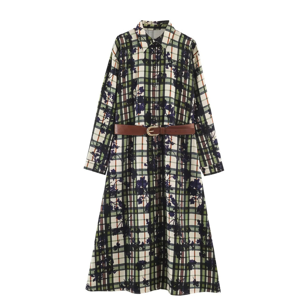 Damen Hemdblusenkleid mit Karomuster und Blumenprint samt taillierendem Gürtel Echoarchiv