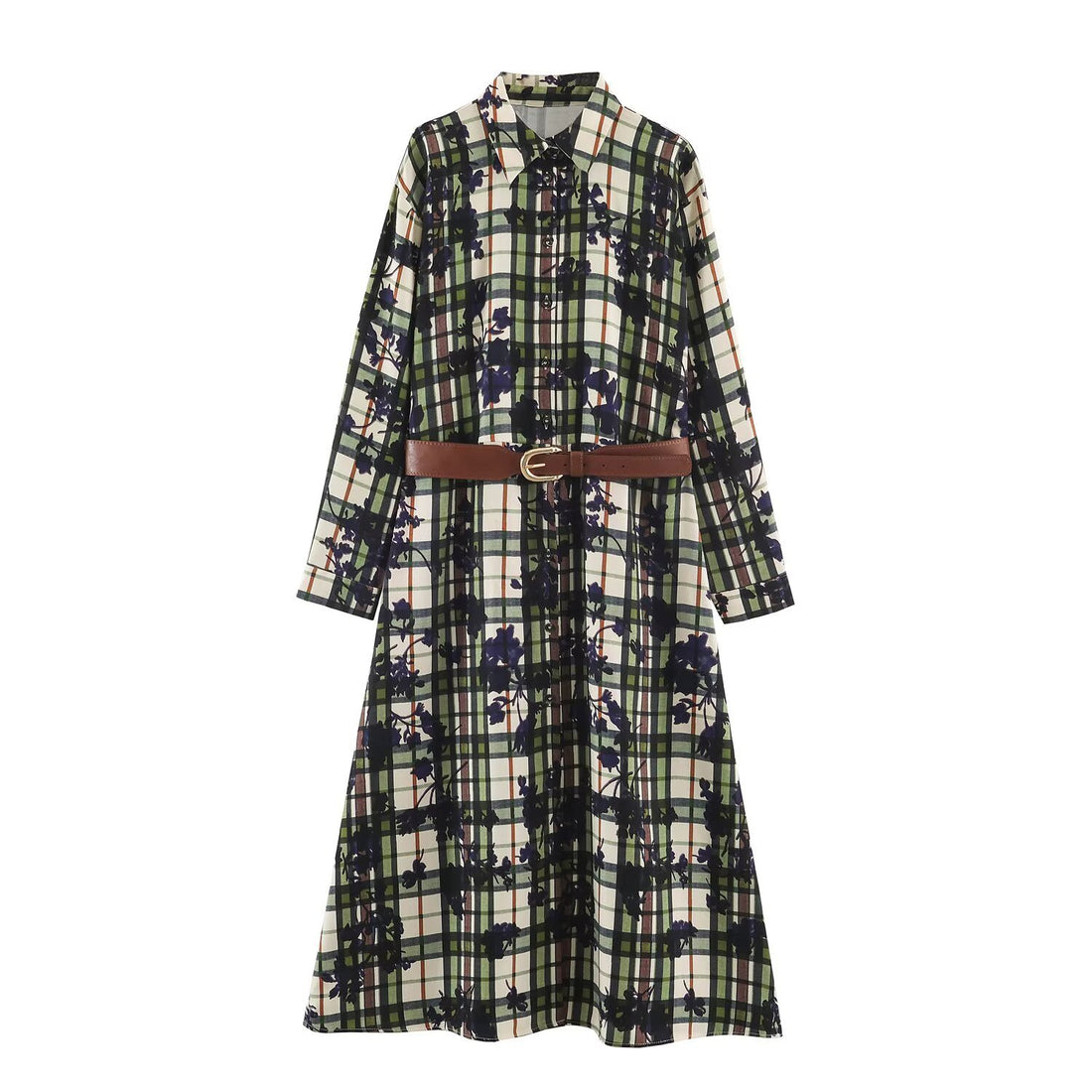 Damen Hemdblusenkleid mit Karomuster und Blumenprint samt taillierendem Gürtel Echoarchiv