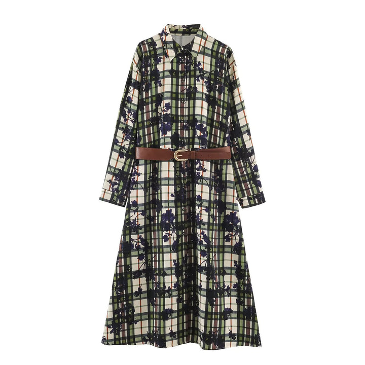 Damen Hemdblusenkleid mit Karomuster und Blumenprint samt taillierendem Gürtel Echoarchiv