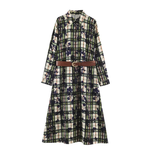 Damen Hemdblusenkleid mit Karomuster und Blumenprint samt taillierendem Gürtel Echoarchiv