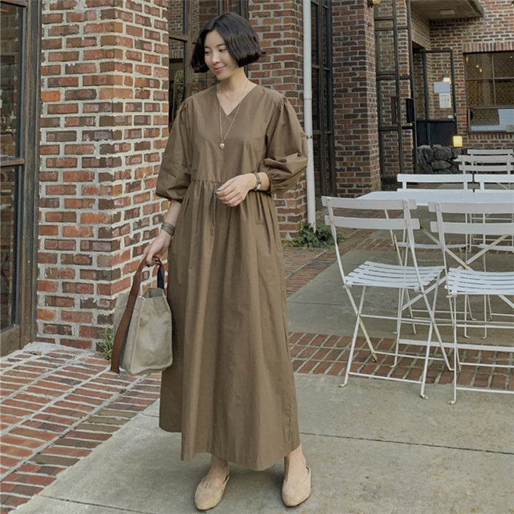 Damen Maxikleid mit V-Ausschnitt, geraffter Taillennaht und voluminösen dreiviertel-Ärmeln – Valéora
