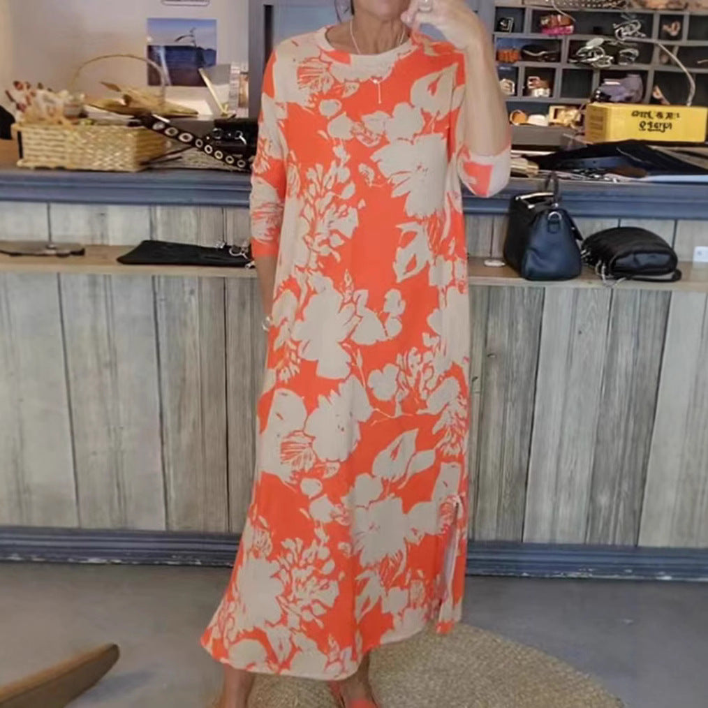 Damen nan fließendes A-Linien-Maxikleid mit Dreiviertelärmeln Rundhalsausschnitt Seitenschlitz und Eingrifftaschen Echo Archiv