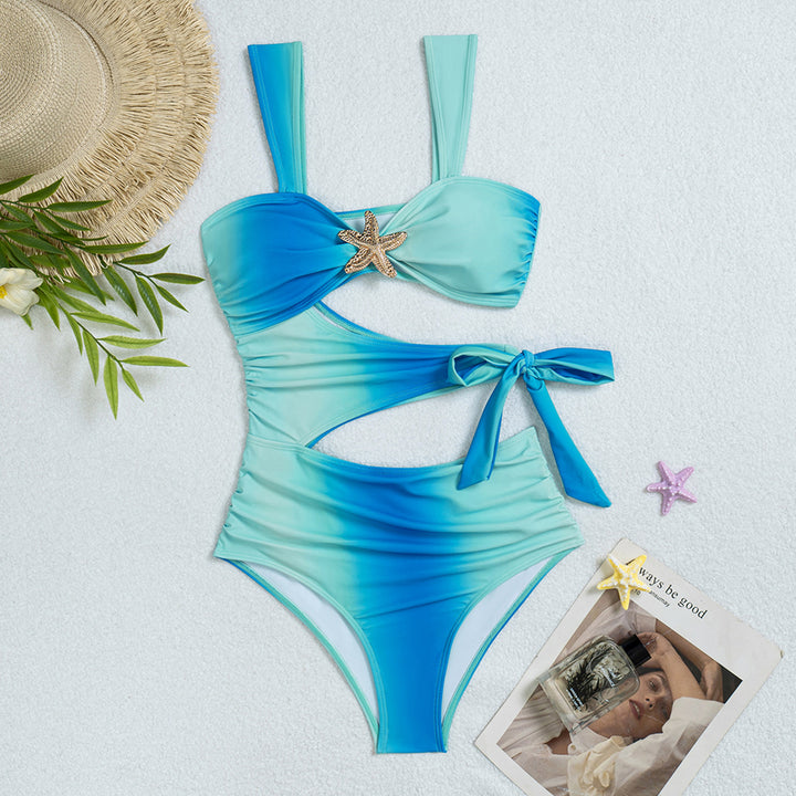 Damen Hochgeschnittener Bikini mit Raffungen und dekorativem Muschelanhänger Echo Archiv