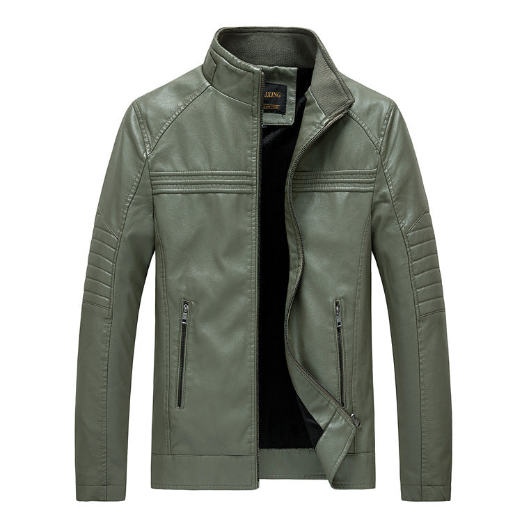 Herren Slim-Fit Kunstleder-Motojacke mit Stehkragen und gesteppter Ärmelpasse Echoarchiv