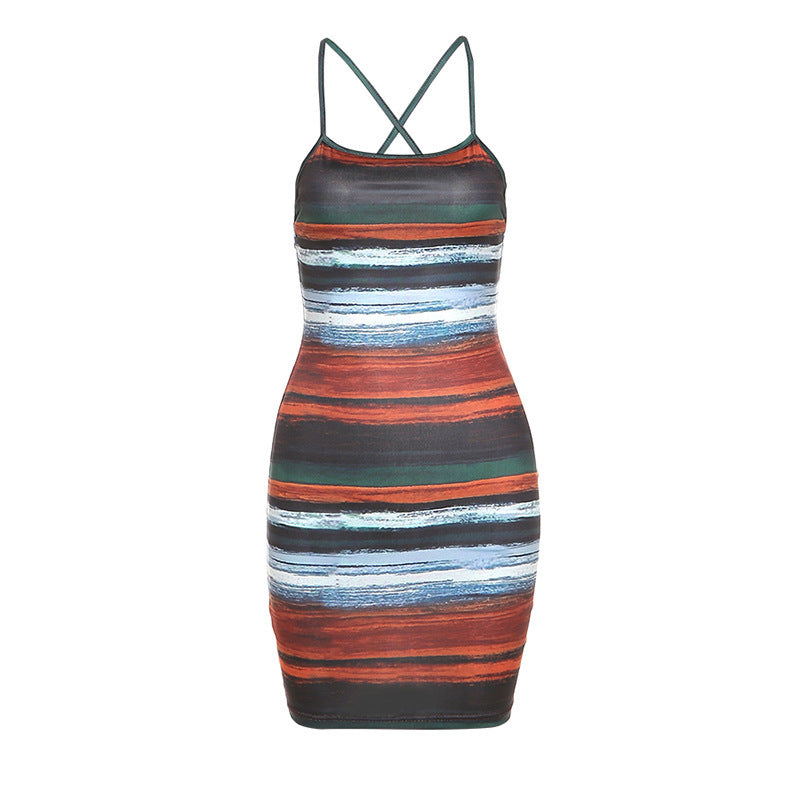 Damen Figurbetontes Spaghettiträger Kleid mit Streifenmuster Echo Archiv