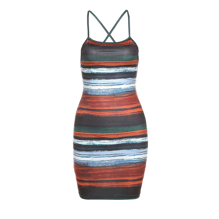 Damen Figurbetontes Spaghettiträger Kleid mit Streifenmuster Echo Archiv