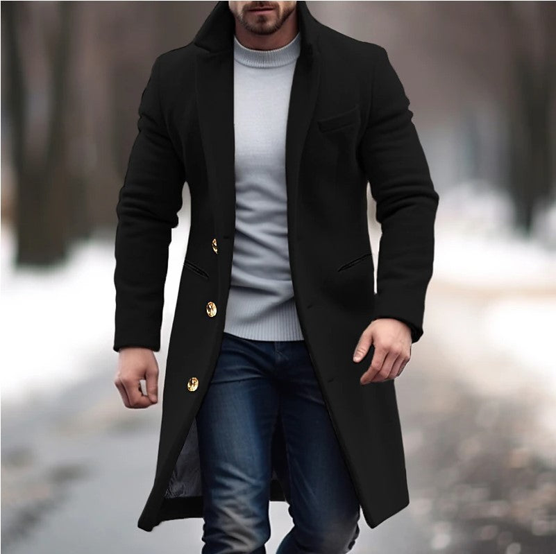 Herren eleganter langes Wollmantel mit schmalem Schnitt und goldenen Knöpfen Echoarchiv