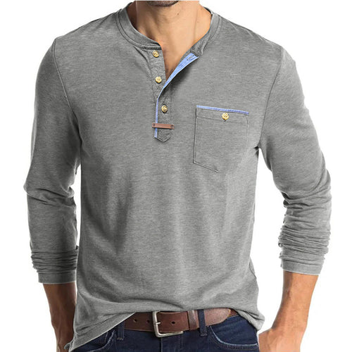Herren Langarm-Henley-Shirt mit kontrastierenden Knöpfen und Brusttasche Echoarchiv