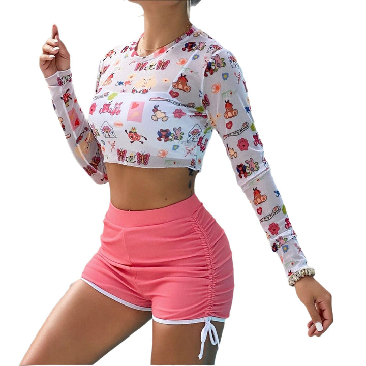 Damen Bunt bedrucktes Langarm Shirt mit Crop-Schnitt Echo Archiv