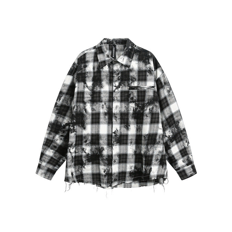 Herren Oversize-Karo-Hemdjacke mit ausgefranstem Saum und Brust-Reißverschlusstasche Echoarchiv