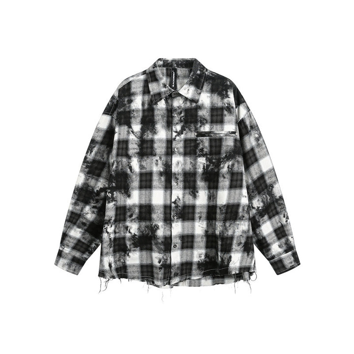 Herren Oversize-Karo-Hemdjacke mit ausgefranstem Saum und Brust-Reißverschlusstasche Echoarchiv
