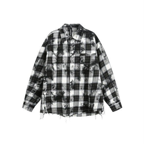 Herren Oversize-Karo-Hemdjacke mit ausgefranstem Saum und Brust-Reißverschlusstasche Echoarchiv