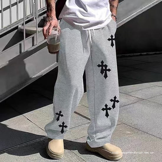 Herren Weite Sweatpants mit Gothic-Kreuz-Print, Tunnelzug & Tiefer Schritt Echo Archiv