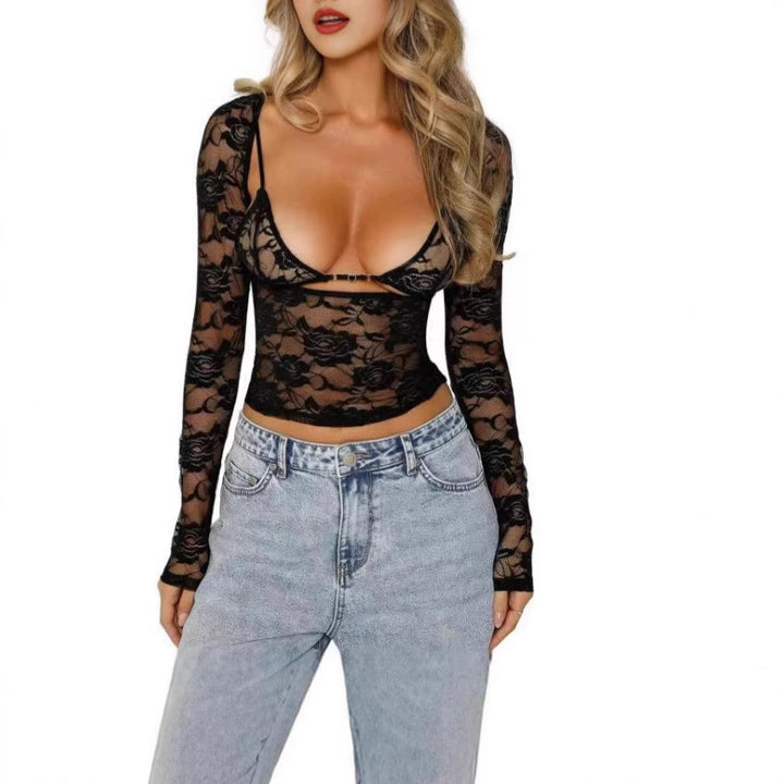 Damen Transparente Spitzenbluse mit tiefem V-Ausschnitt und Cut-Out-Details Echo Archiv