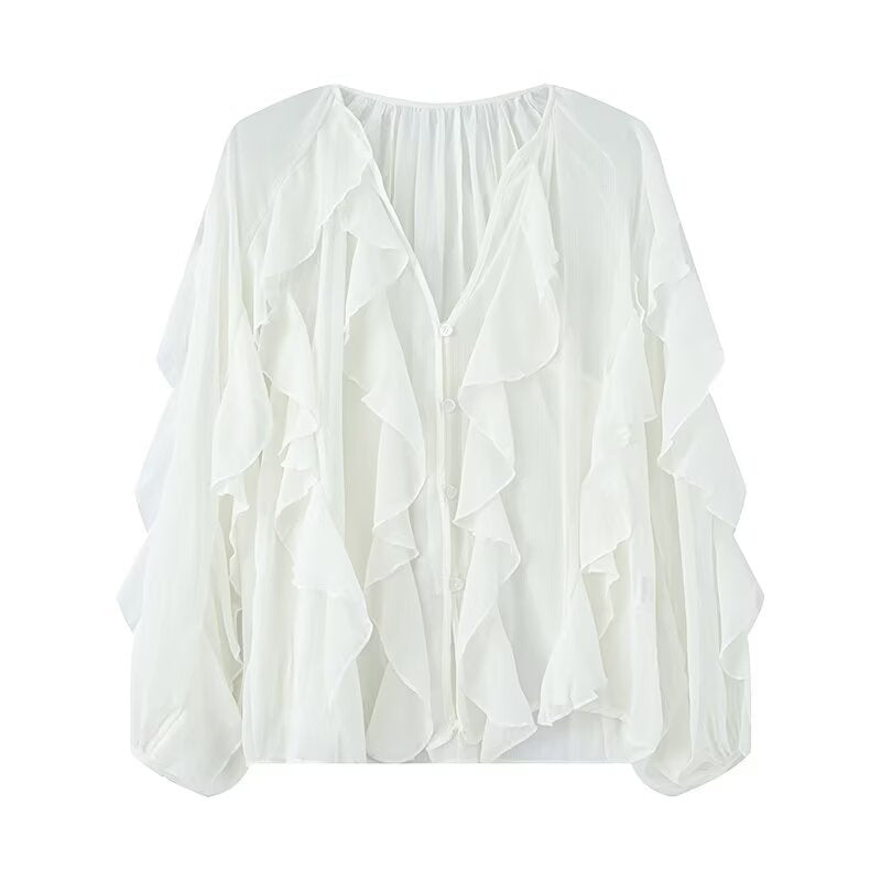 Damen Volant-Chiffonbluse mit Knopfleiste, gerafftem Ausschnitt und Ballonärmeln Echo Archiv