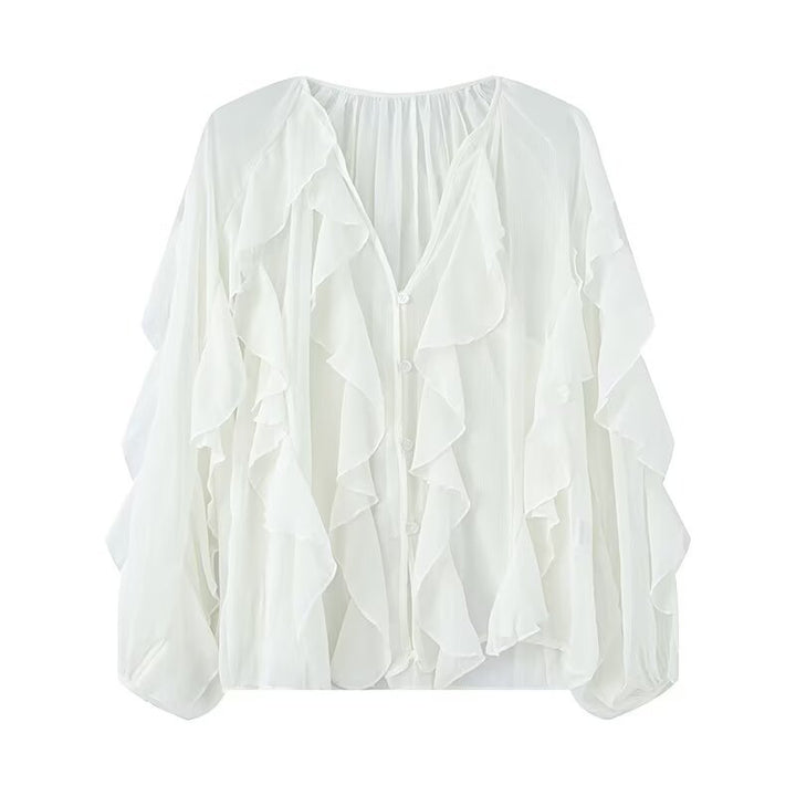 Damen Volant-Chiffonbluse mit Knopfleiste, gerafftem Ausschnitt und Ballonärmeln Echo Archiv