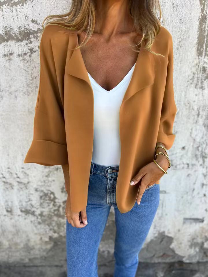 Damen nan legerer offener Strickcardigan mit Schalkragen krempelbaren Ärmeln und kastiger Silhouette Echo Archiv