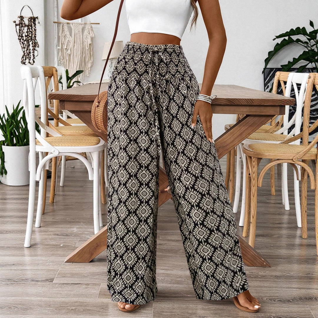 Damen Palazzo‑Hose mit hoher Smock‑Taille und Ethno‑Print – Avérine