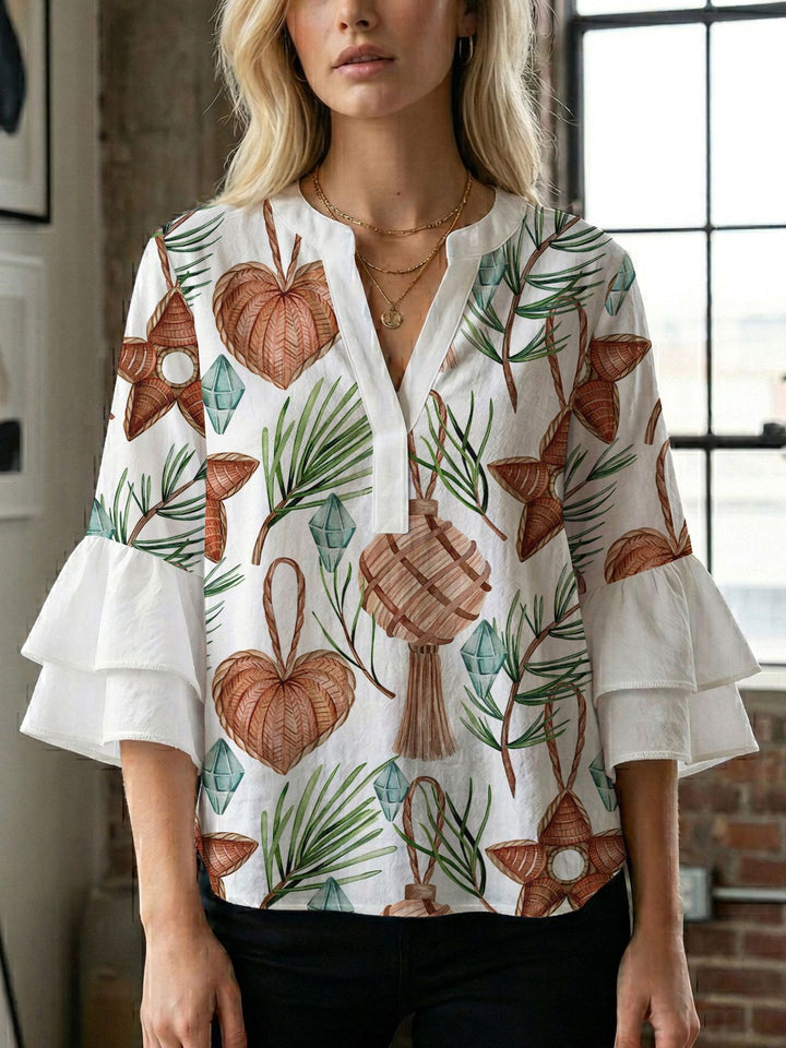 Damen Blusenshirt mit voluminösen Ärmeln und kreativem Druckdesign Echo Archiv