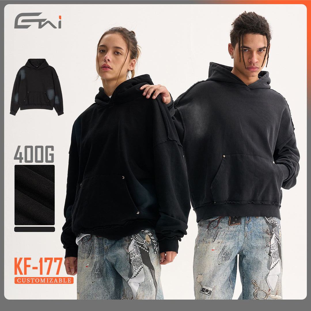 Herren Boxy-Kapuzenpullover mit abgenutztem Saum, Nieten-Kängurutasche und verwaschenem Fleckeneffekt Echo Archiv