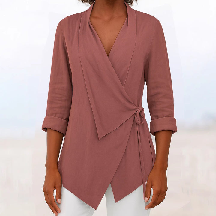 Damen Asymmetrische Wickelbluse mit Schalkragen und 3/4-Ärmeln – Élovi