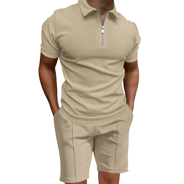 Herren Polo- und Shorts-Set mit modernem Reißverschluss und elastischem Bund Echoarchiv
