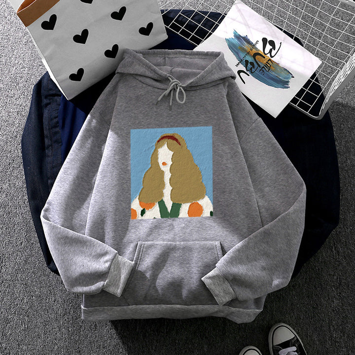 Damen Kapuzenpullover mit kunstvoller Chenille-Stickerei im Portraitstil und Kängurutasche – Auréline