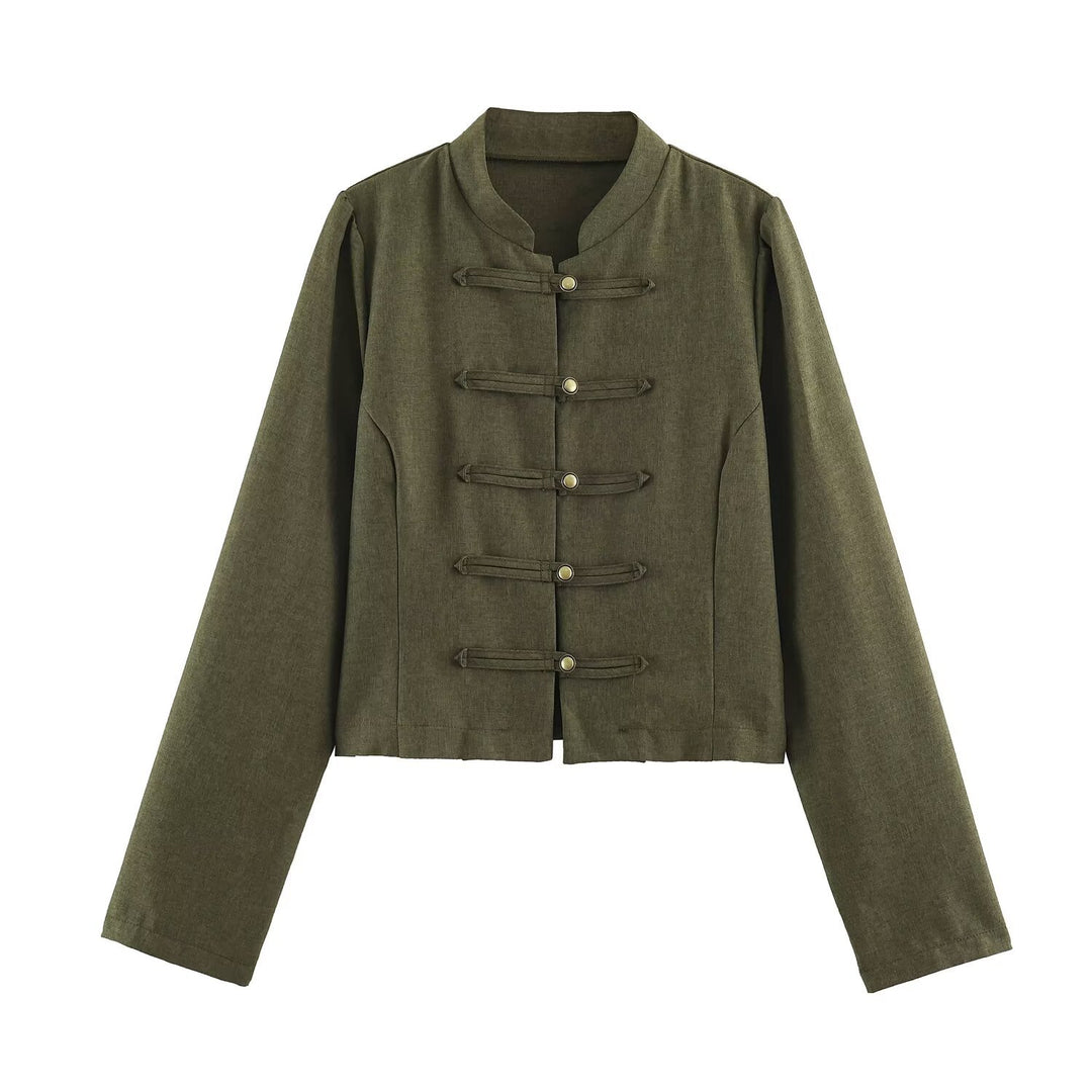 Damen Kurzjacke im Mandarin-Stil mit dekorativen Knebelverschlüssen und taillierter Nahtführung Echoarchiv