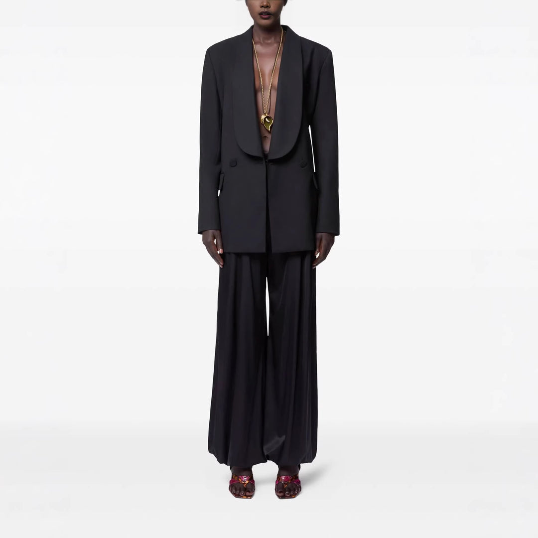 Damen Oversized Smoking-Longblazer mit tiefem Schalkragen und verlängerter Schulterlinie Echoarchiv