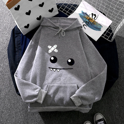Damen Kapuzenpullover mit verspieltem Monstergesicht, Bandagen-Applikation und Kängurutasche – Auréline
