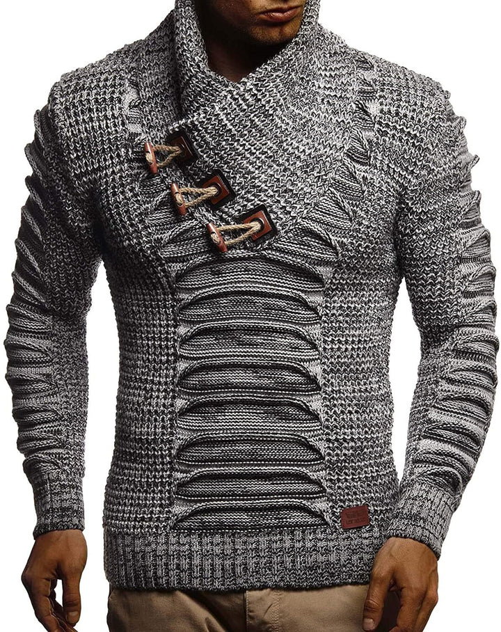 Herren Grobstrickpullover mit innovativem Schalkragen und rustikalem Design Echoarchiv