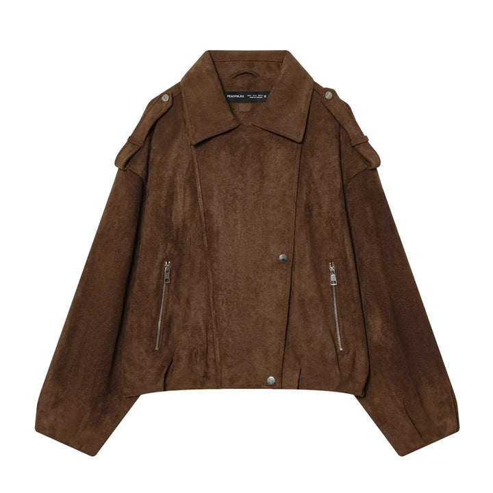 Damen kastige Cropped-Bikerjacke aus Wildlederimitat mit Schulterklappen und Reißverschlusstaschen – Célinea