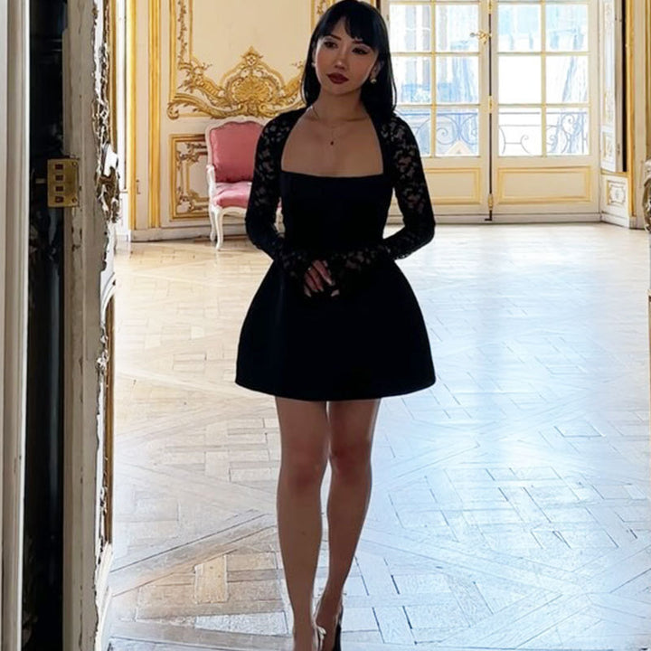 Damen Elegantes Kleid mit Spitzenärmel und fließendem Rock Echo Archiv
