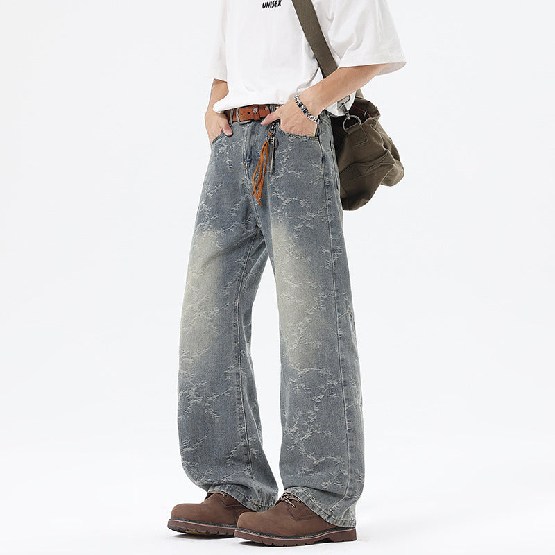 Herren Weit geschnittene Vintage-Denim-Hose im Baggy‑Look mit Marmorwaschung und tiefem Schritt Echo Archiv