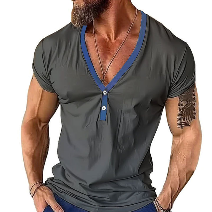 Herren Kurzarm Henley T-Shirt mit stylischem Kragen und zwei Knöpfen Echoarchiv