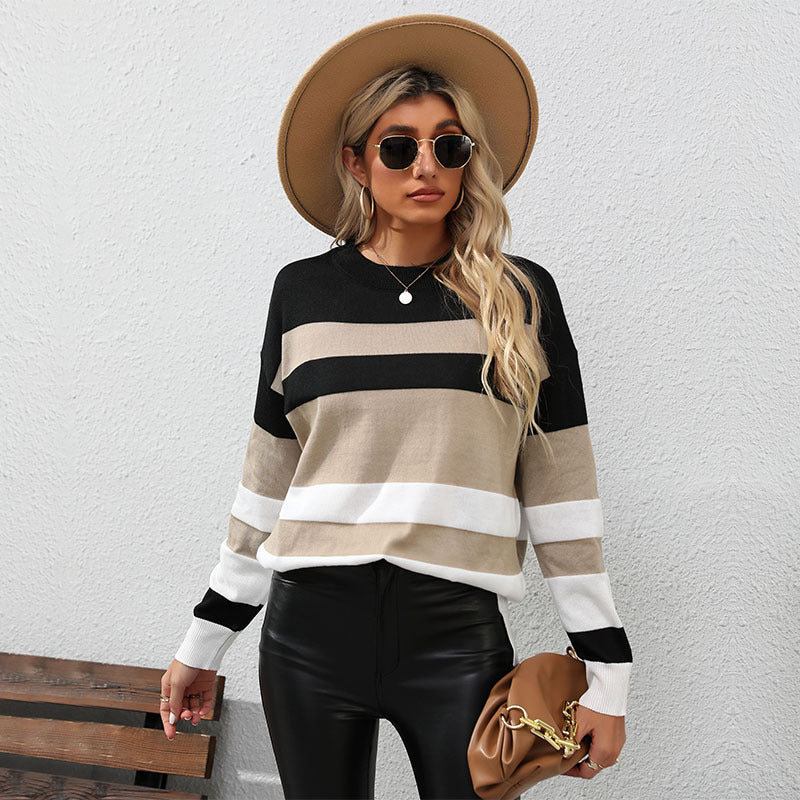 Damen Gestreifter Oversize-Feinstrickpullover mit Rundhalsausschnitt und Rippbündchen Echoarchiv