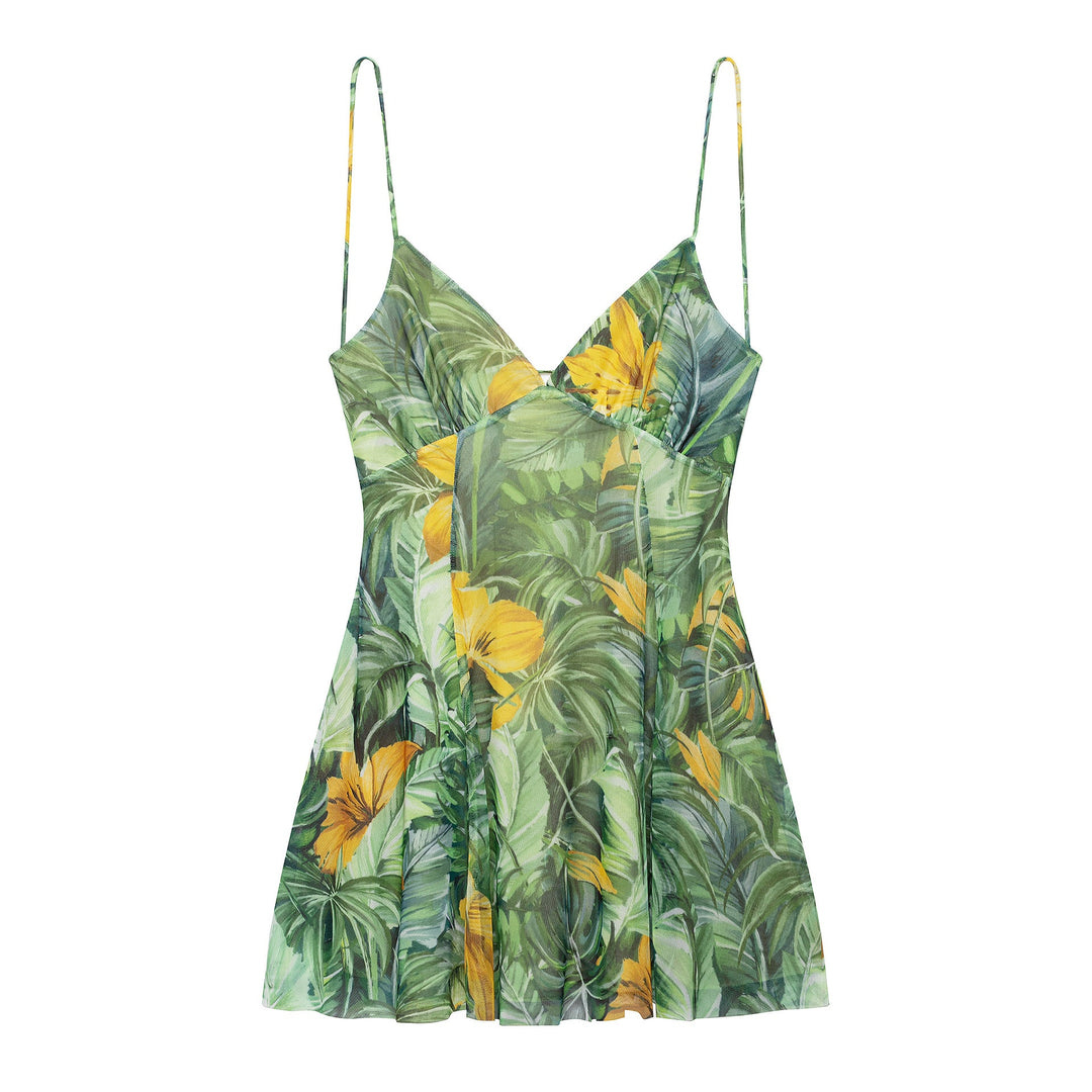 Damen Minikleid mit floralem Muster und feinen Spaghettiträgern Echoarchiv