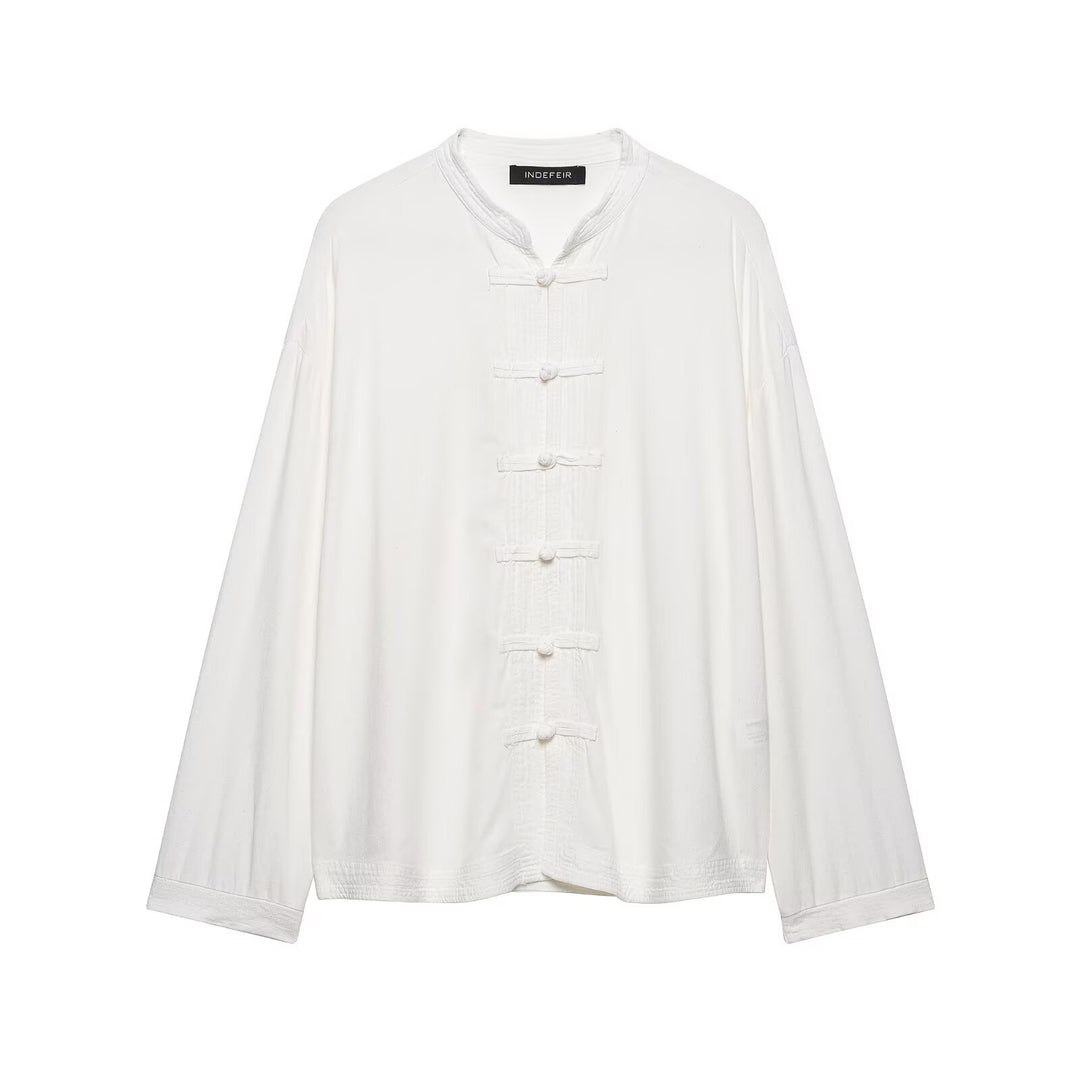 Damen Oversize Tunika‑Bluse im asiatisch inspirierten Stil mit Stehkragen und Zierknotenverschlüssen Echo Archiv